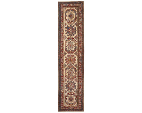 11 Feet Beige Kazak Afghan Hand Knotted Wool Runner Rug